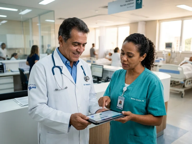 Médico e enfermeira consultando dados do paciente no tablet em ambiente hospitalar