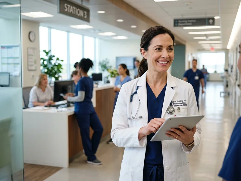 Médica visualizando dados do paciente em um tablet em hospital moderno